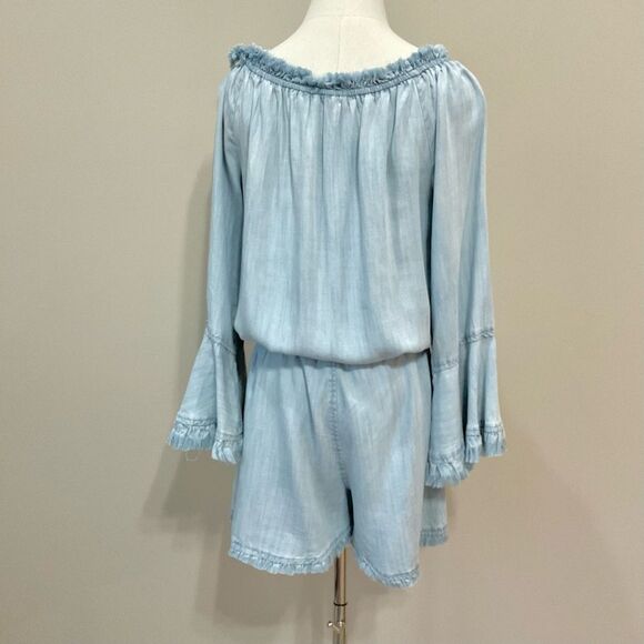 RAMY BROOK Chambray Romper Esie Off The Shoulder Sz S Shortall Light Blue Retro - Picture 7 of 9